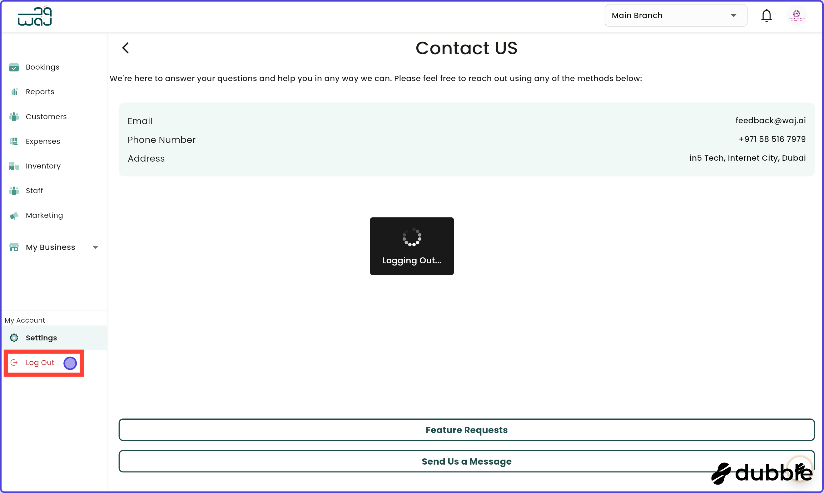 Business settings logging out screenshot