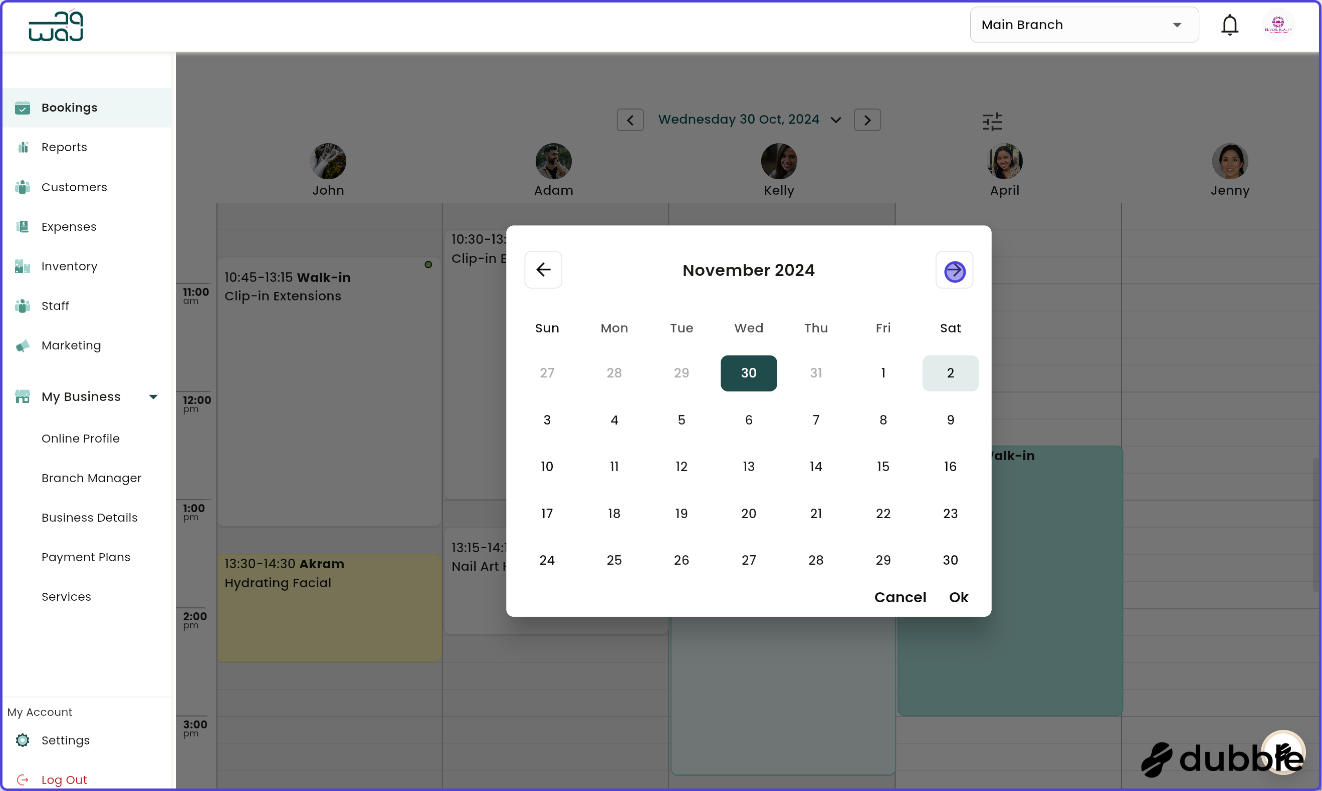 Calendar and bookings changing dates screenshot