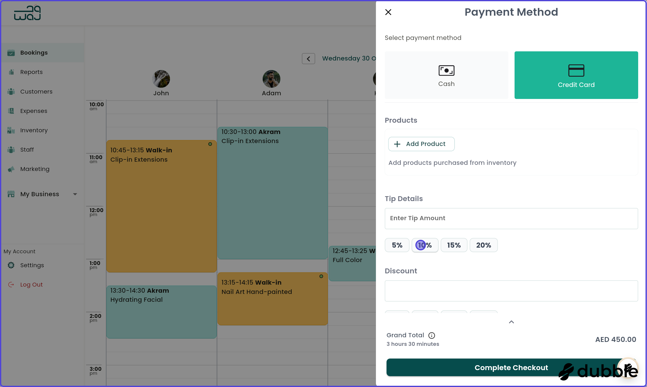 Calendar and bookings checkout booking screenshot