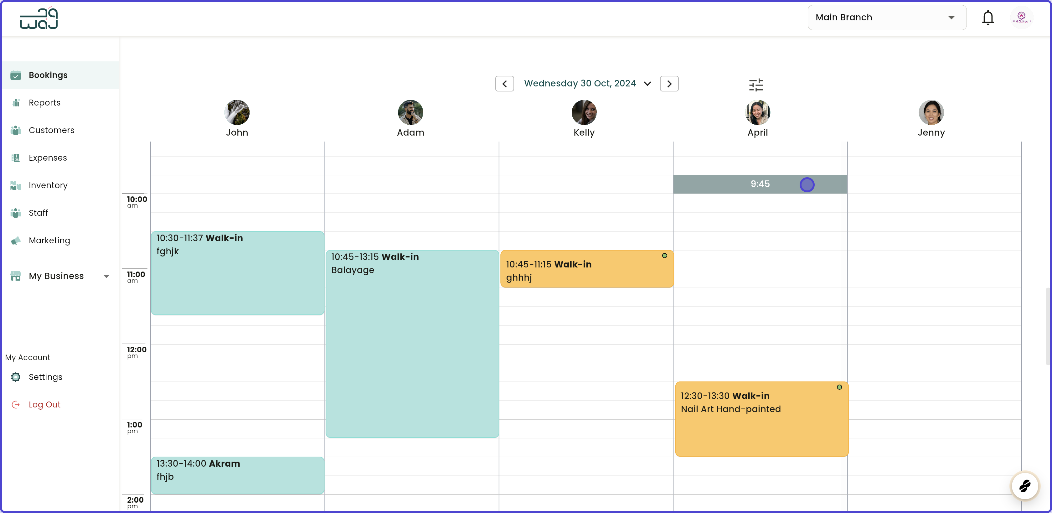 Calendar and bookings create a booking screenshot