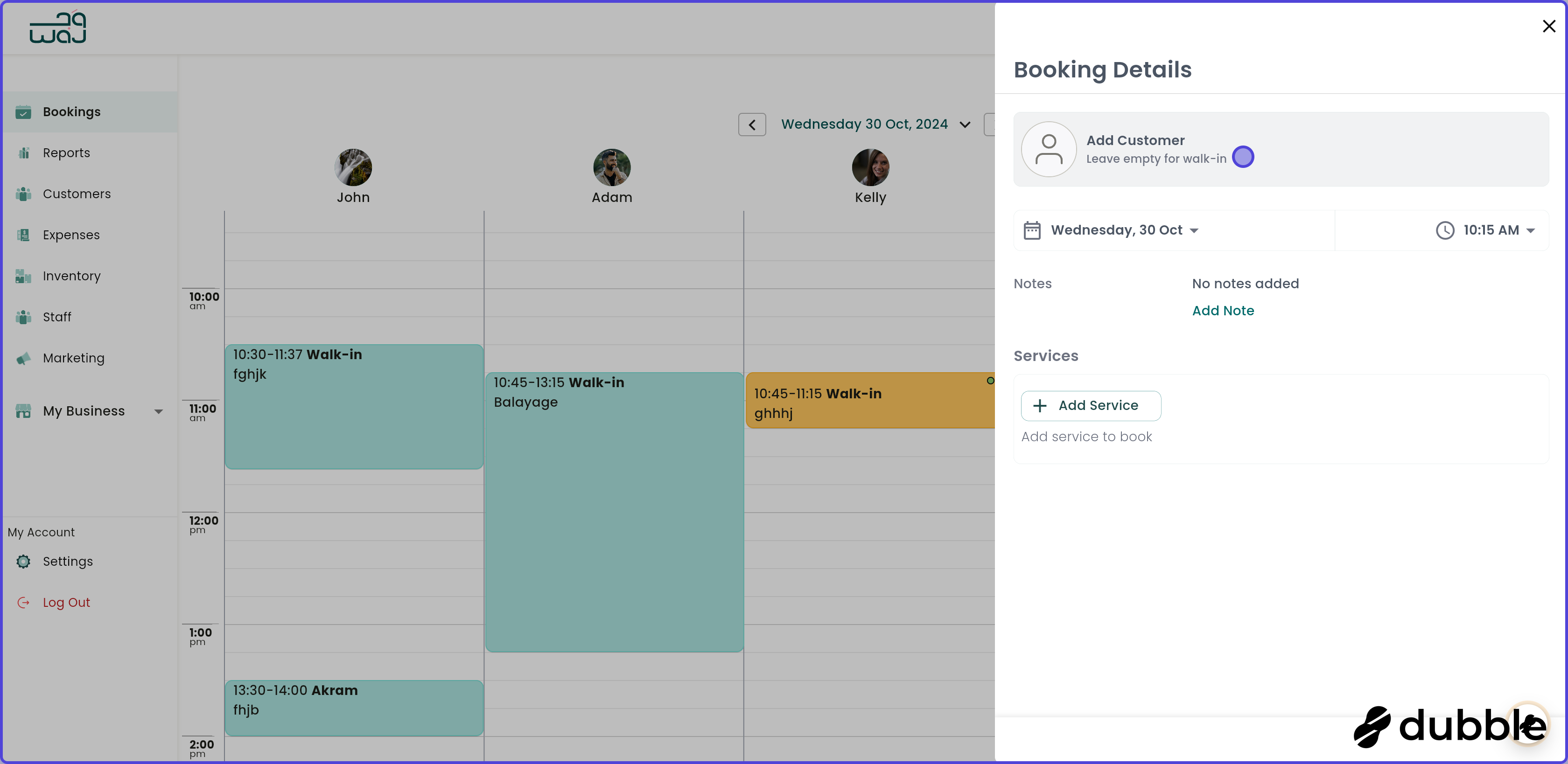 Calendar and bookings create a booking screenshot