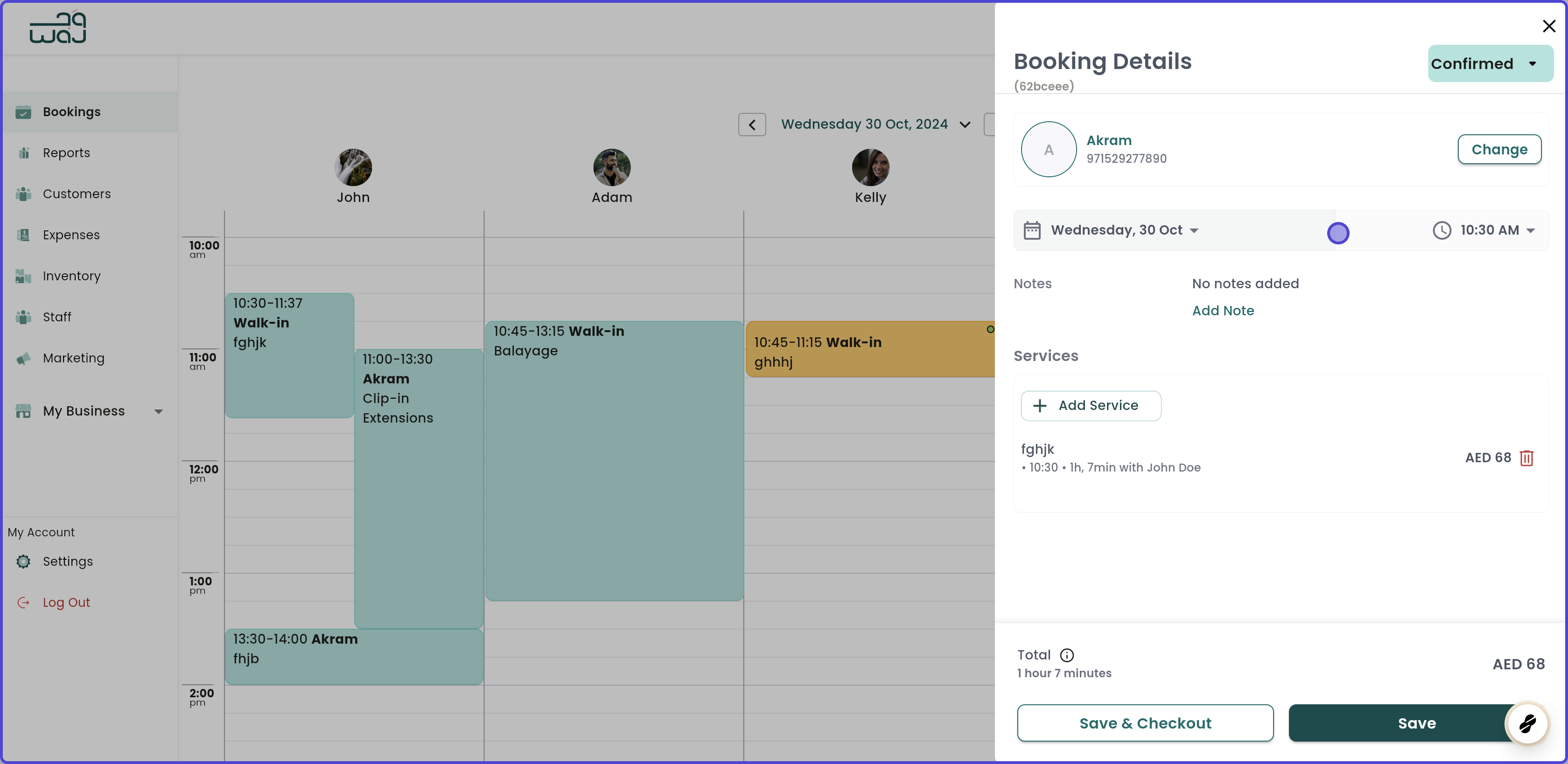 Calendar and bookings create a booking screenshot