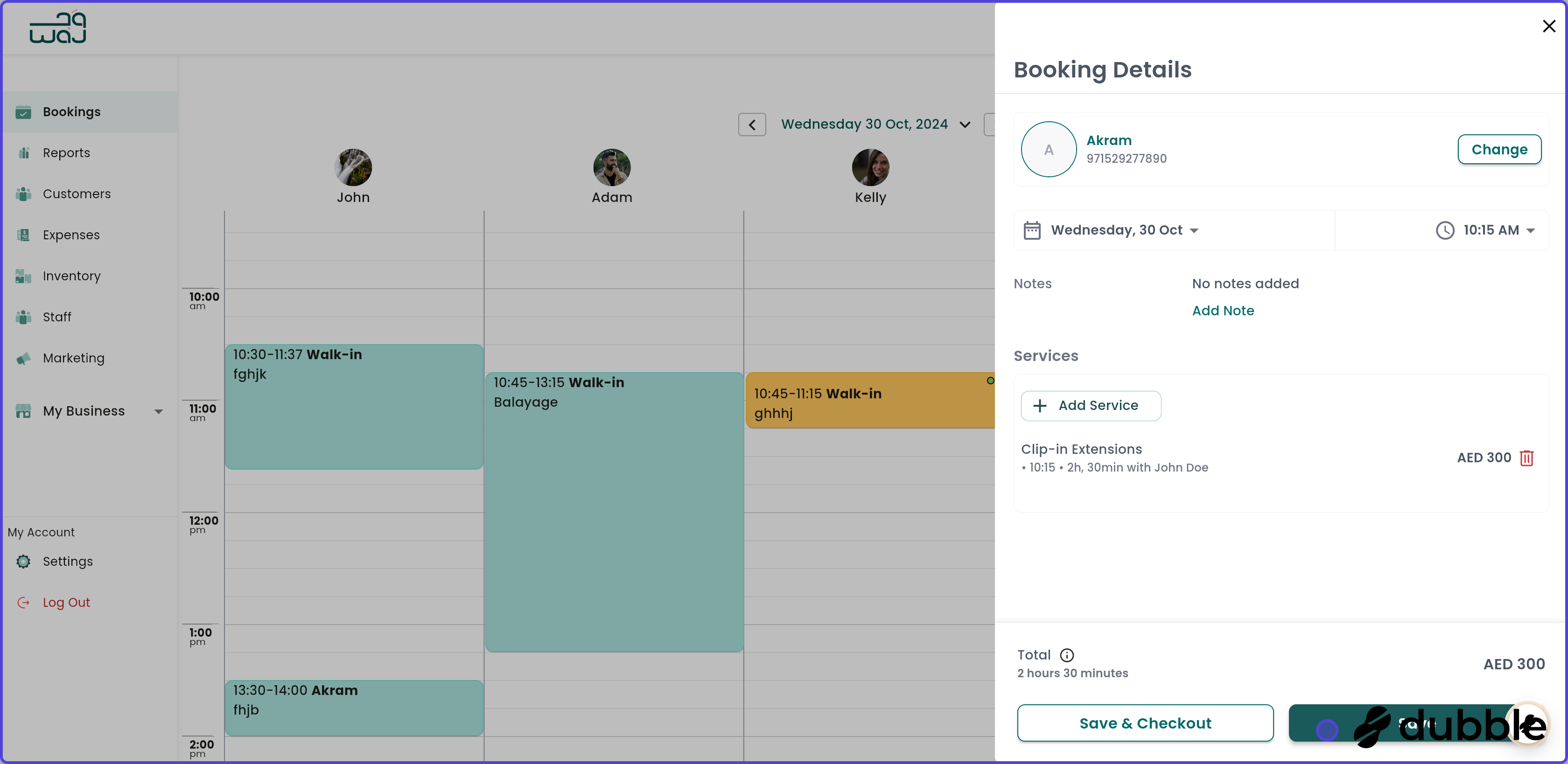 Calendar and bookings create a booking screenshot