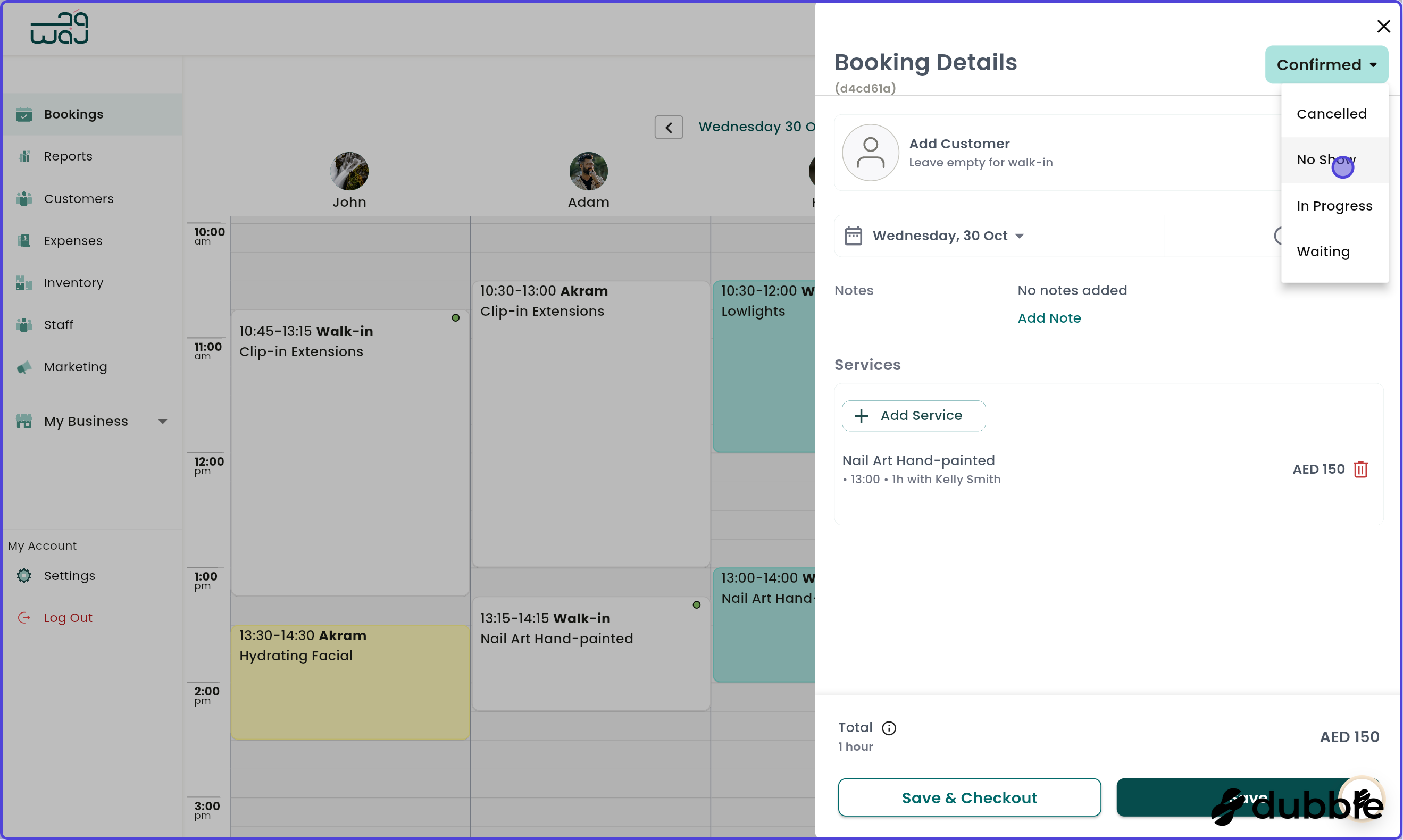 Calendar and bookings marking booking as no show screenshot