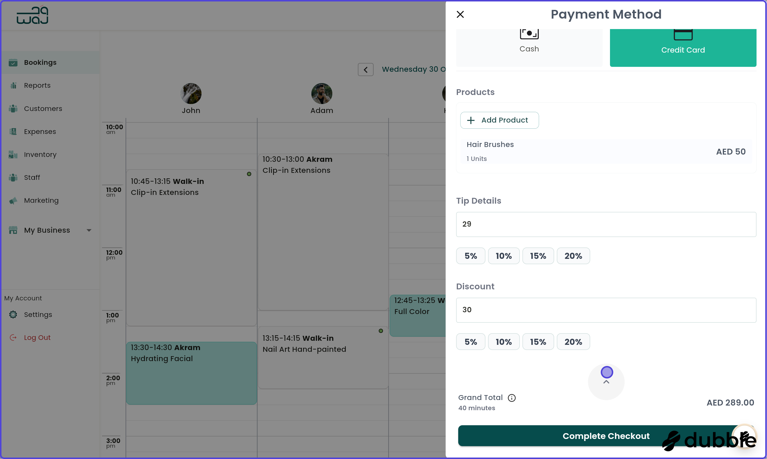 Calendar and bookings payment summary screenshot