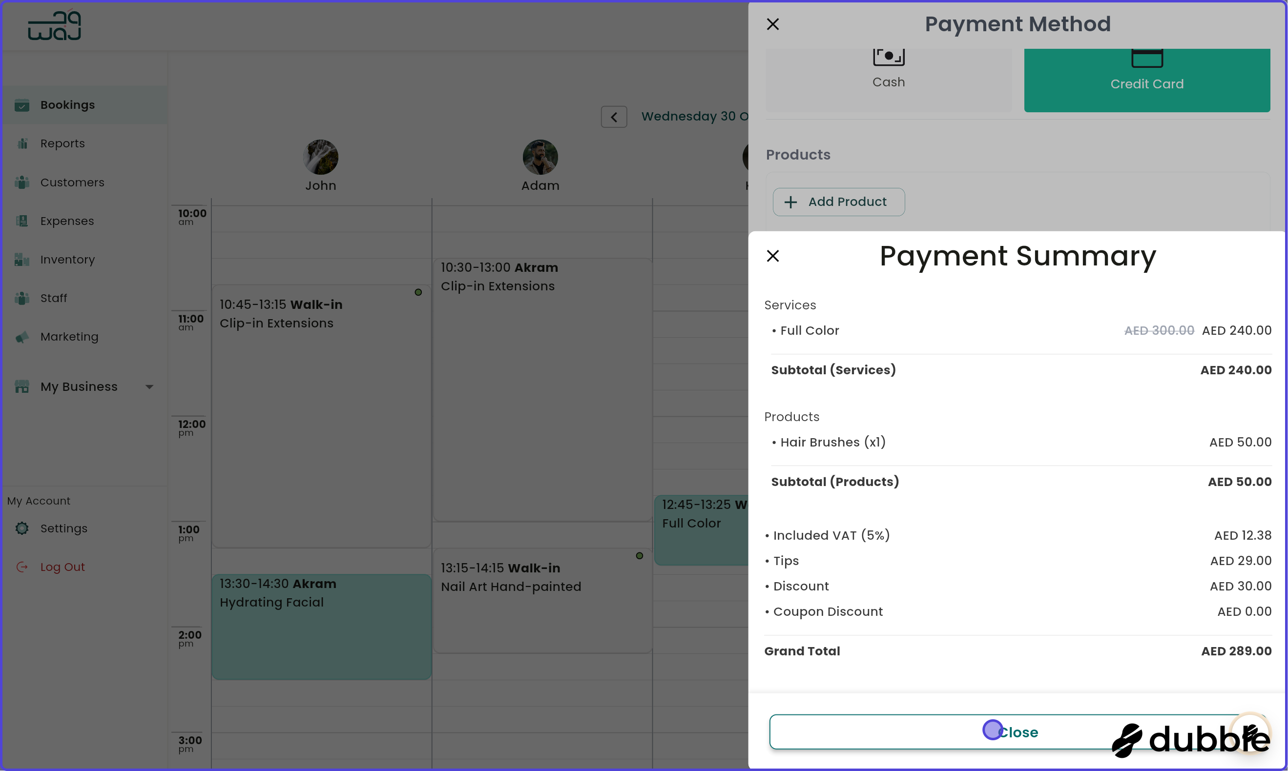 Calendar and bookings payment summary screenshot