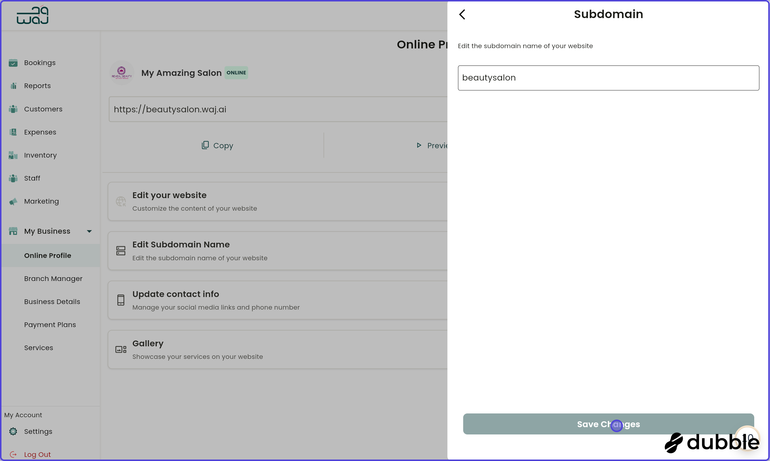 Online profile edit subdomain name screenshot