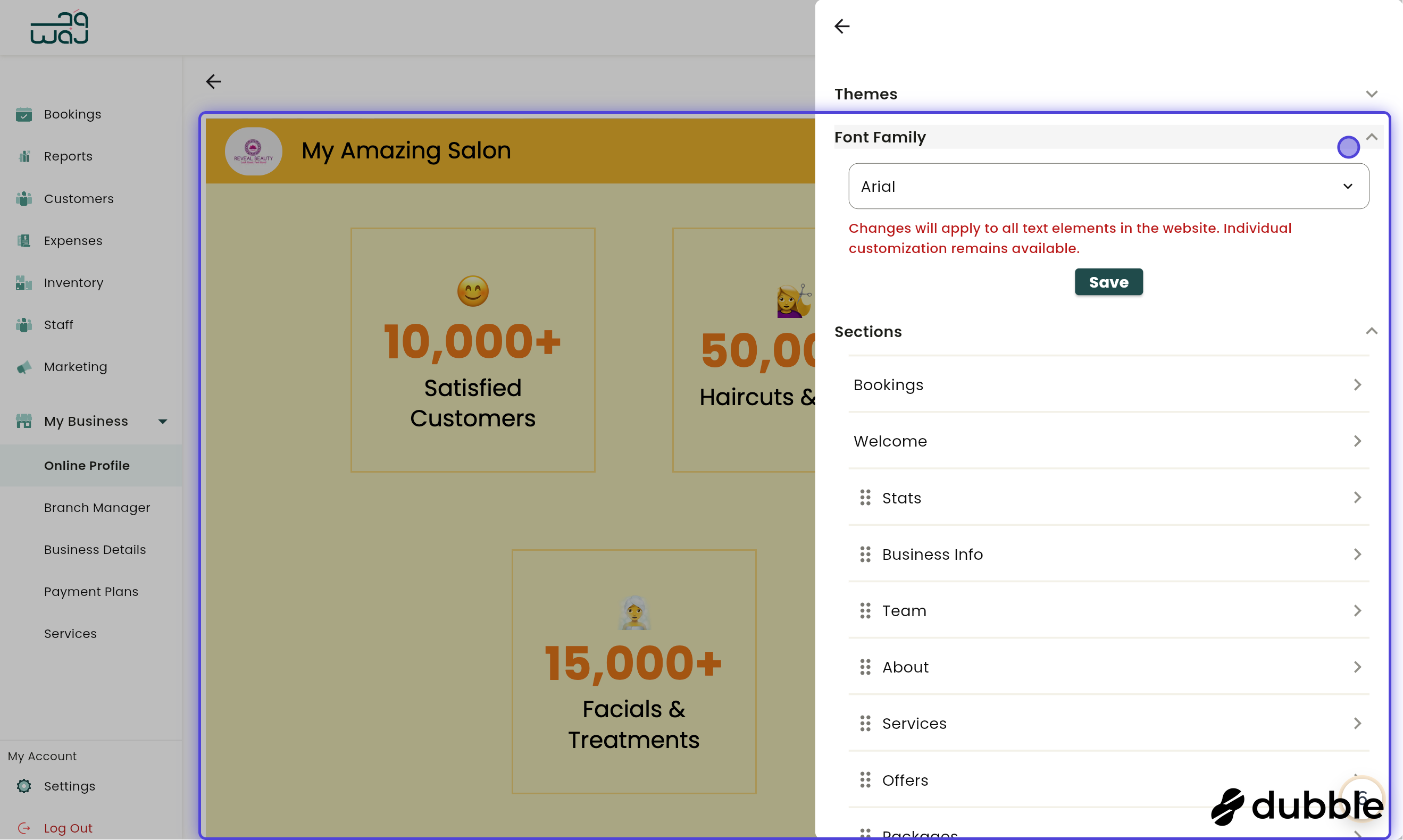 Online profile edit website manage your website theme fonts and brand screenshot