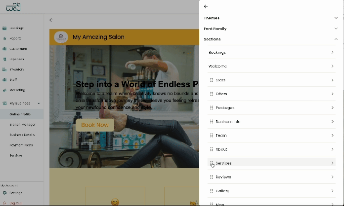 Online profile edit website reorder website sections screenshot