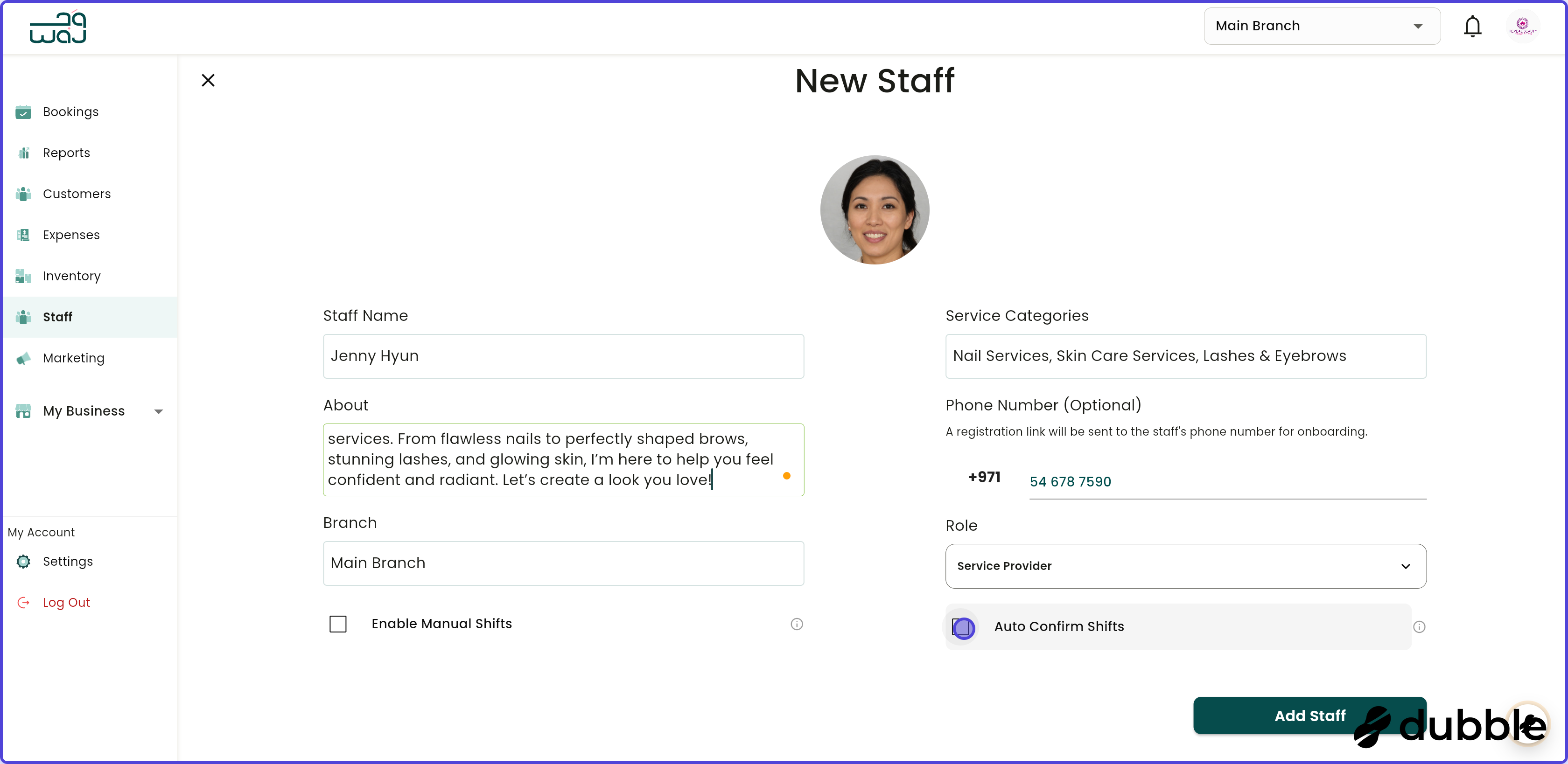 Staff create new staff screenshot