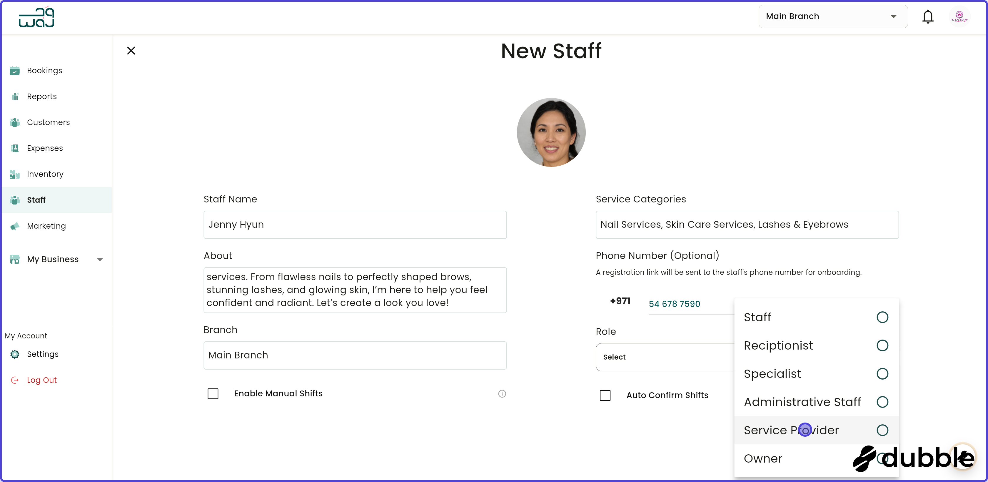 Staff create new staff screenshot