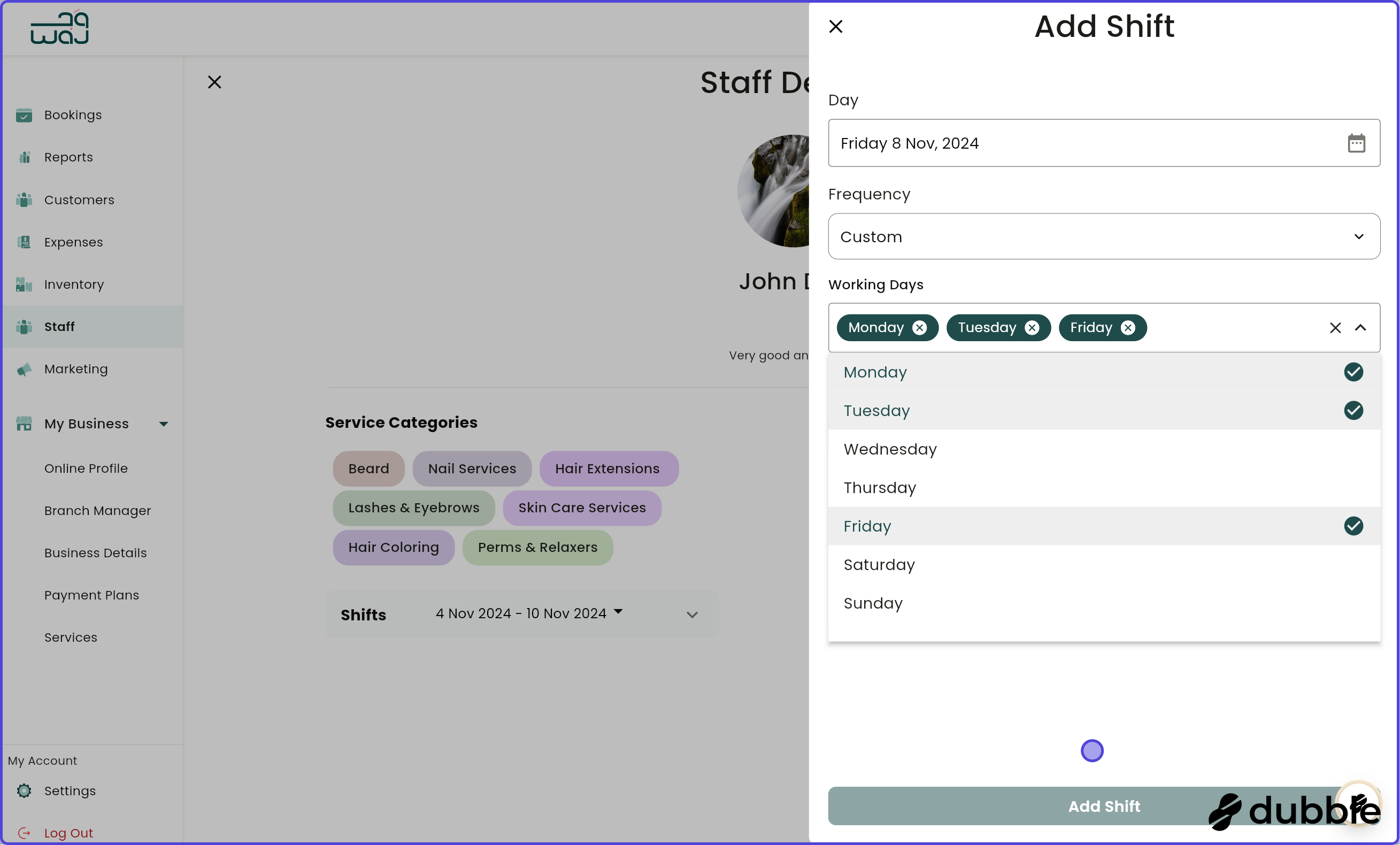 Staff manage staff details manage shifts screenshot